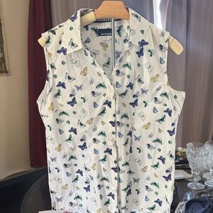 Basic Editions White Butterfly Print Button Down Shirt